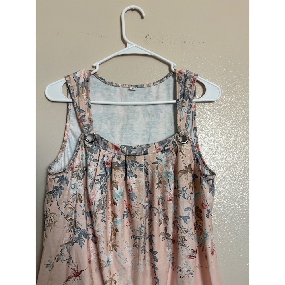 Women's Floral Bird Print Sleeveless Tank Top Peach Pink Pleated Ring Medium - Picture 2 of 5